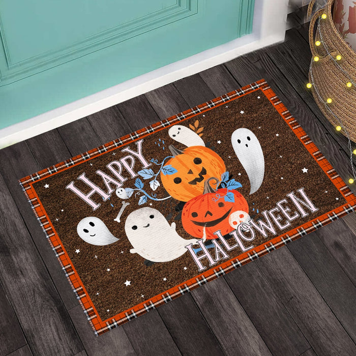 Welcome Doormat Happy Halloween Cute Ghost With Funny Pumpkin Printed Plaid Design Ghost Boo Doormat