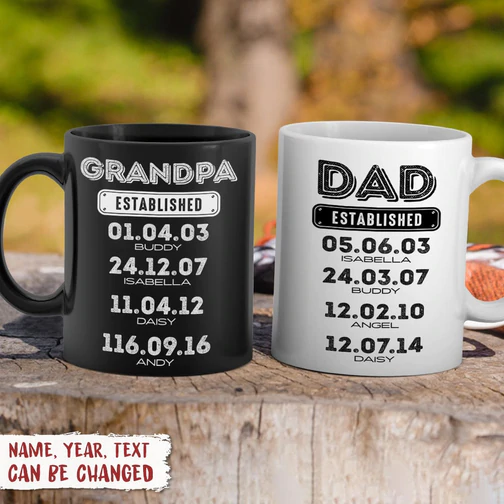 Personalized Ceramic Coffee Mug For Dad Established Vintage Design Custom Multi Kids Name And Date 11 15oz Cup