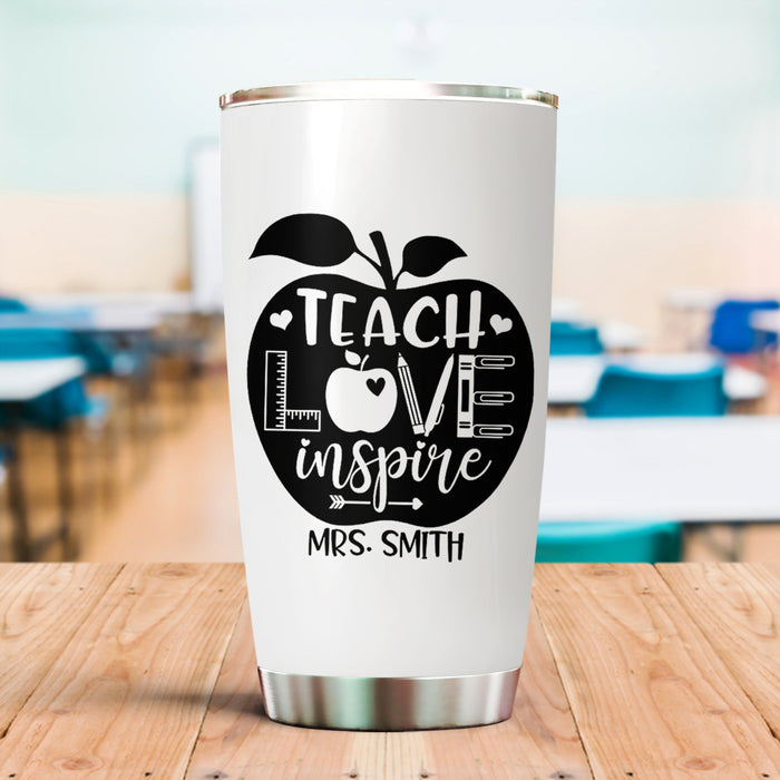 Personalized Tumbler For Teacher Teach Love Inspire Apple White Theme 20oz Travel Cup Custom Name Back To School Gifts