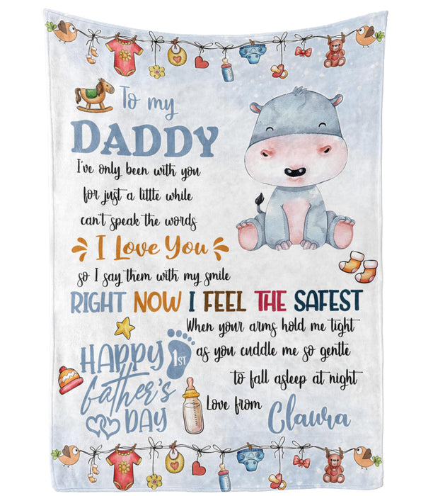 Personalized Blanket To My New Dad From Baby Bump Happy First Father's Day Cute Baby Hippo Print Custom Name