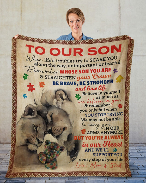 Personalized To My Son Blanket From Mom Dad Custom Name Lion Family Puzzle Be Brave Be Stronger Gifts For Birthday