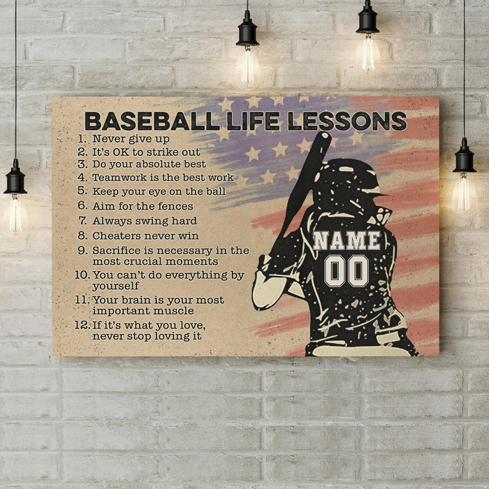 Personalized Baseball Life Lesson Poster Canvas For Women Us Flag & Female Player Printed Custom Name & Number