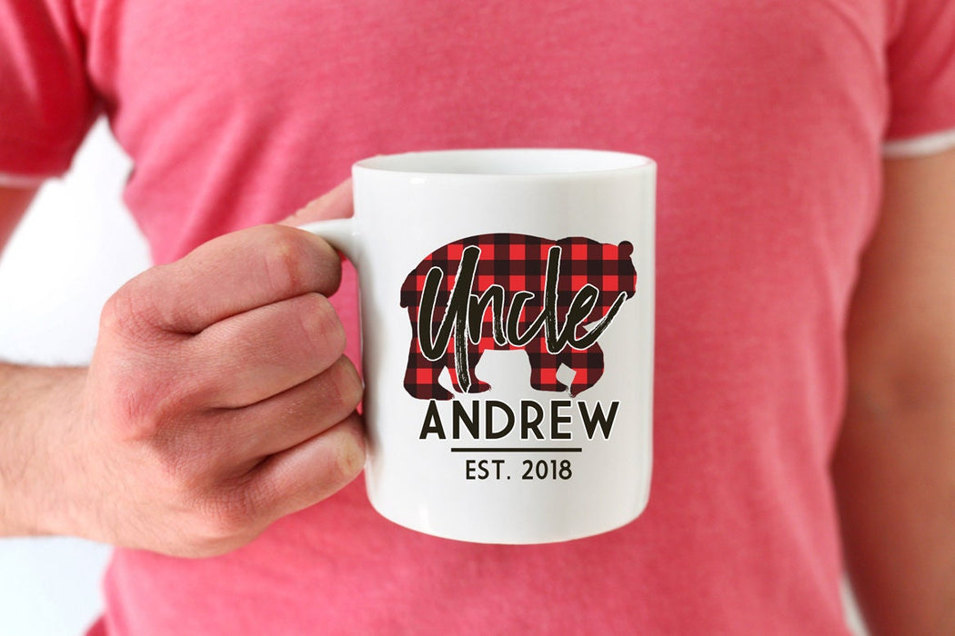 Personalized New Uncle Coffee Mug From Niece Nephew Red Plaid Bear Uncle Est Year Custom Name Cup Christmas Gifts