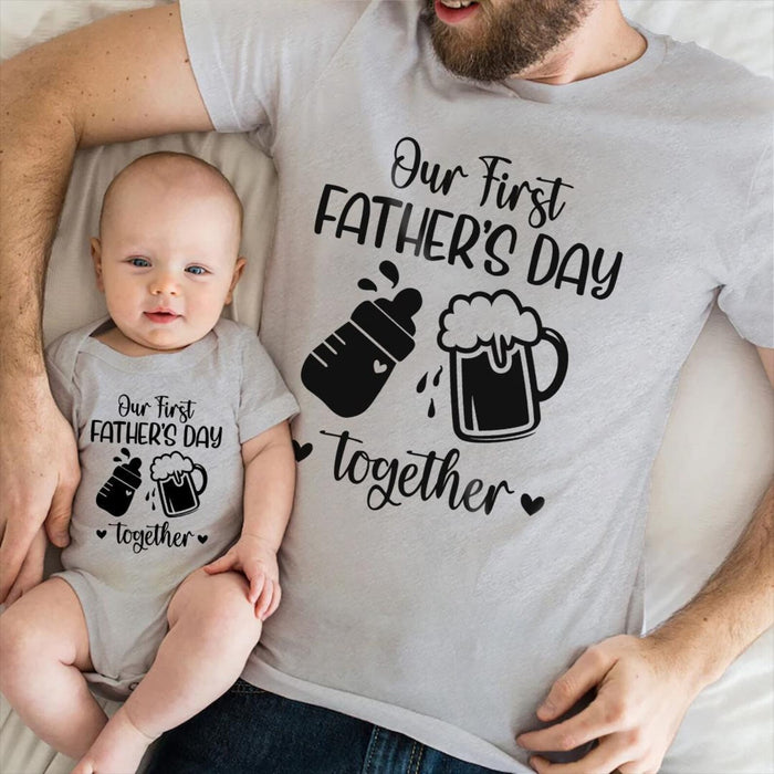 Classic Matching T-Shirt & Baby Onesie Our First Father's Day Cute Funny Beer & Milk Custom Name Daddy & Baby Set