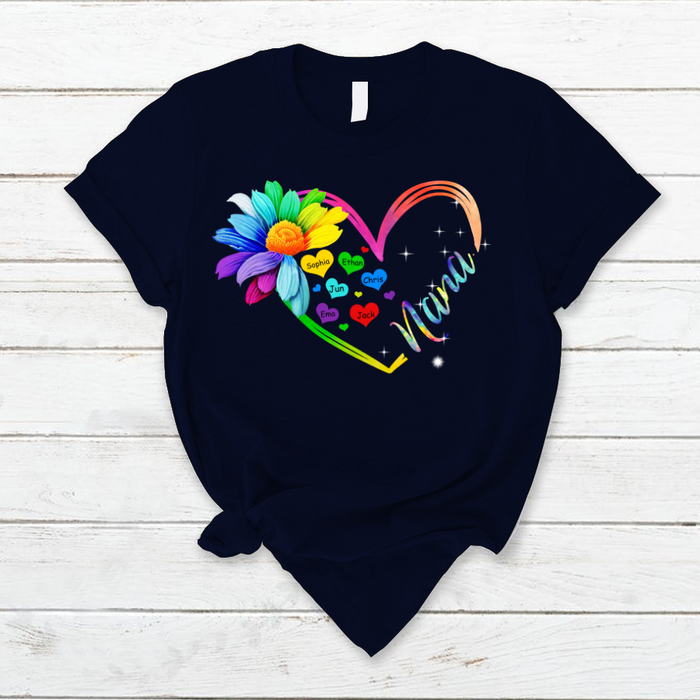 Personalized T-Shirt For Grandma Nana Flower Heart Colorful Design Custom Grandkids Name Mothers Day Shirt