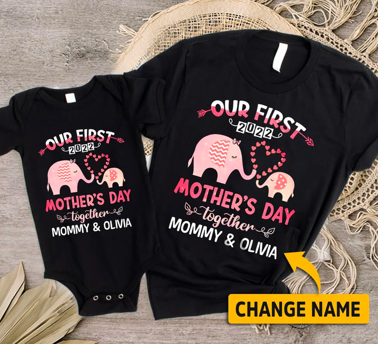 Personalized Matching T-Shirt & Baby Onesie Our First Mother'S Day Cute Zigzag & Polka Dot Elephants Custom Name