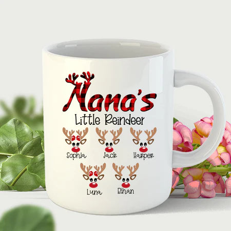 Personalized Coffee Mug Gifts For Grandmother Nana's Little Reindeer Christmas Custom Grandkids Name Christmas White Cup