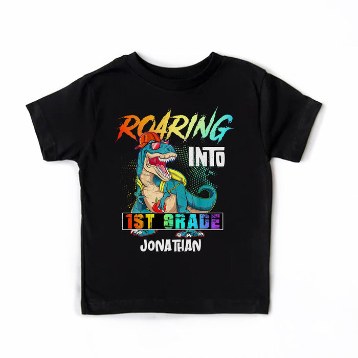 Personalized T-Shirt For Kid Roaring Into 1st Grade Dinosaur Print Vintage Design Custom Name Back To School Outfit