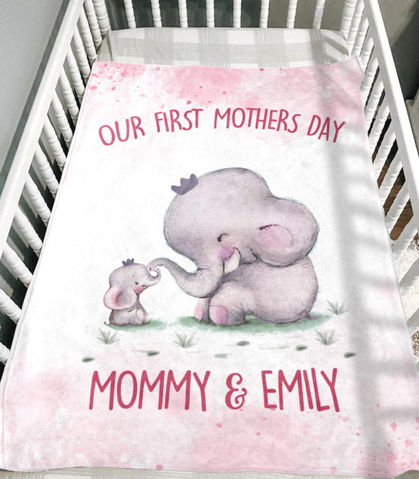 Personalized Premium Pink Blanket For New Mom Our First Mother'S Day Mommy & Daughter Cute Elephant & Baby Custom Name