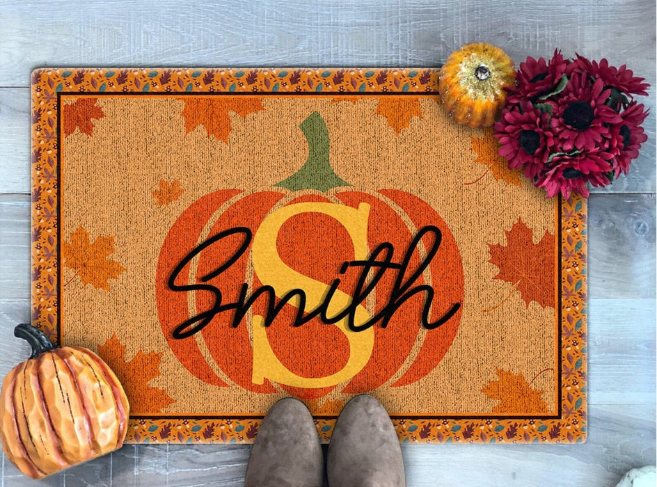 Personalized Welcome Doormat For Fall Lovers Cute Pumpkin & Maple Leaves Printed Custom Last Name Monogram Design