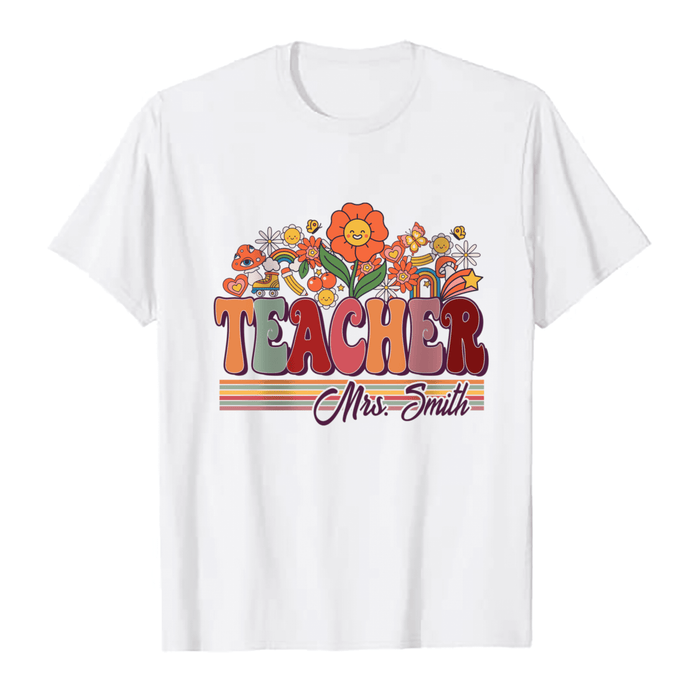 Personalized T-Shirt For Teacher Retro Vintage Flowers Garden Custom Name Shirt Gifts For Back To School