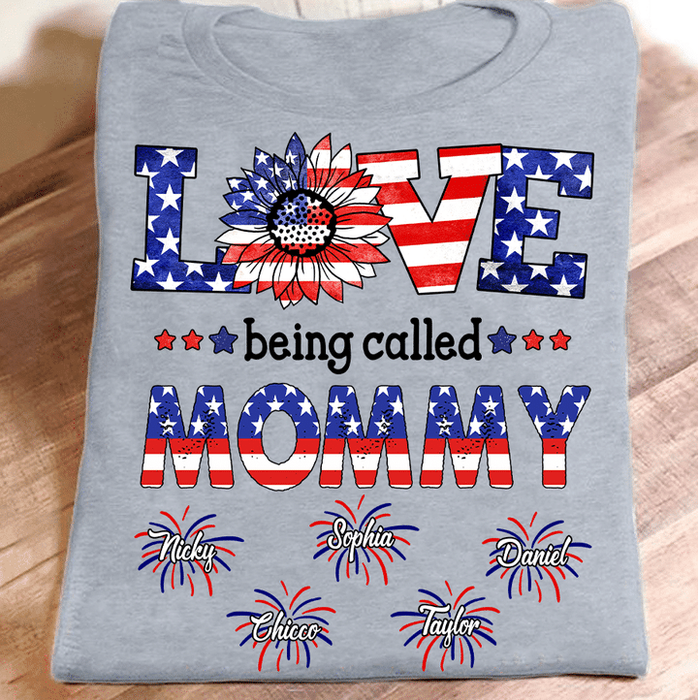 Personalized T-Shirt For Grandma Firework & Sunflower With USA Flag Design Custom Grandkids Name 4th July Day Shirt