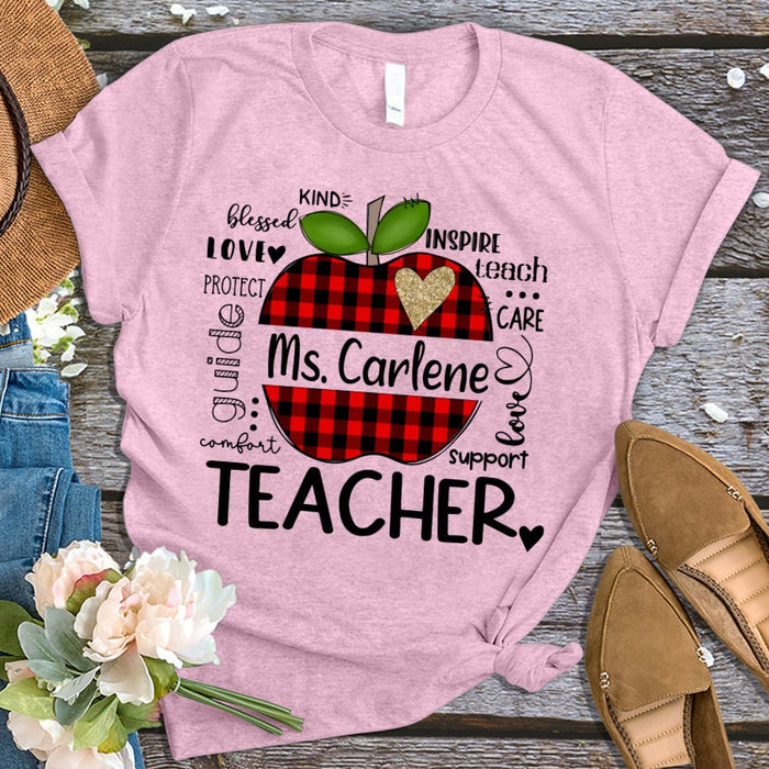 Personalized T-Shirt For Teacher Red Plaid Apple Love Inspire Guide Custom Name Shirt Gifts For Back To School