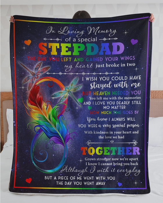 Personalized Memorial Blanket In Loving Memory Of A Special Stepdad Dragonfly & Infinity Symbol Printed Fleece Blanket