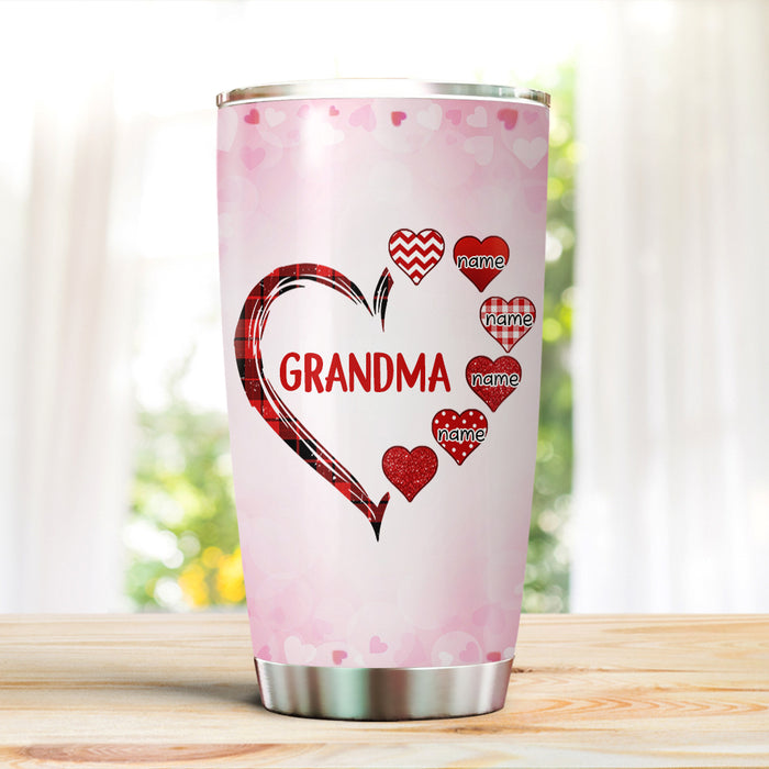 Personalized Tumbler Gifts For Grandmother Pink Themed Red Plaid Heart Custom Grandkids Name Travel Cup For Christmas