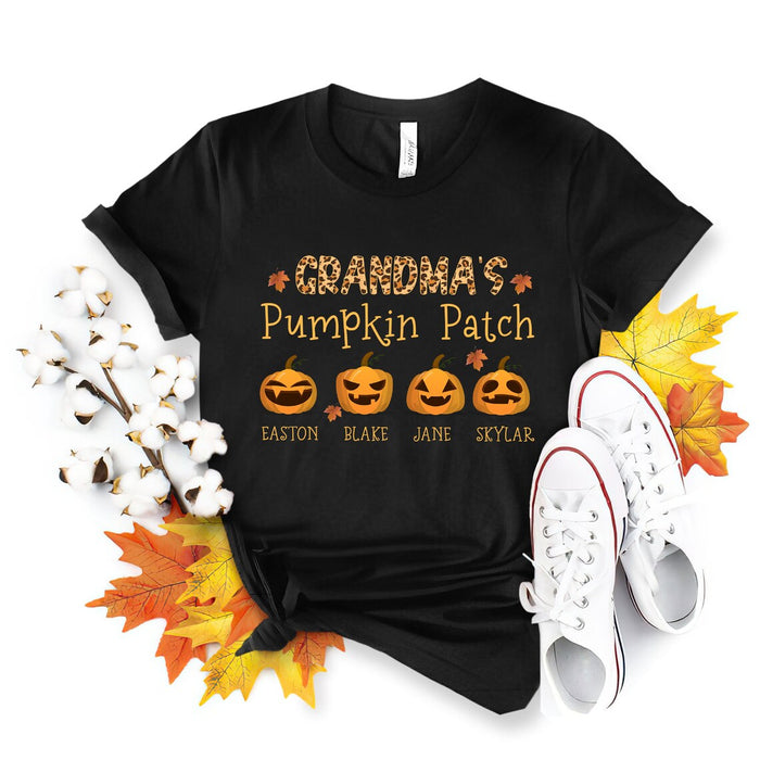 Personalized T-Shirt Grandma's Pumpkin Patch Pumpkins With Funny Emotion Printed Custom Grandkids Name Leopard Design