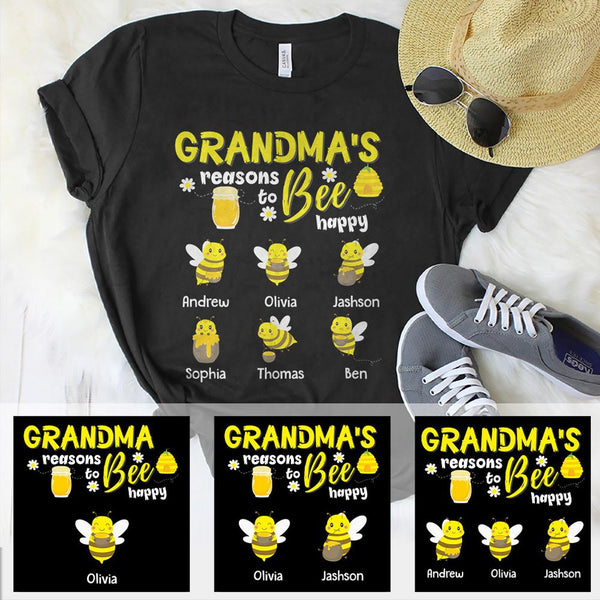 Personalized T-Shirt Grandma's Reasons To Bee Happy Cute Bee Flower & Honey Printed Custom Grandkids Name