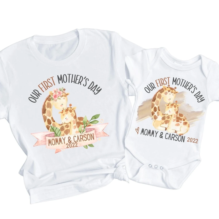 Personalized Matching T-Shirt & Baby Onesie Our First Mother'S Day Mommy And Baby Cute Giraffe Printed Custom Name