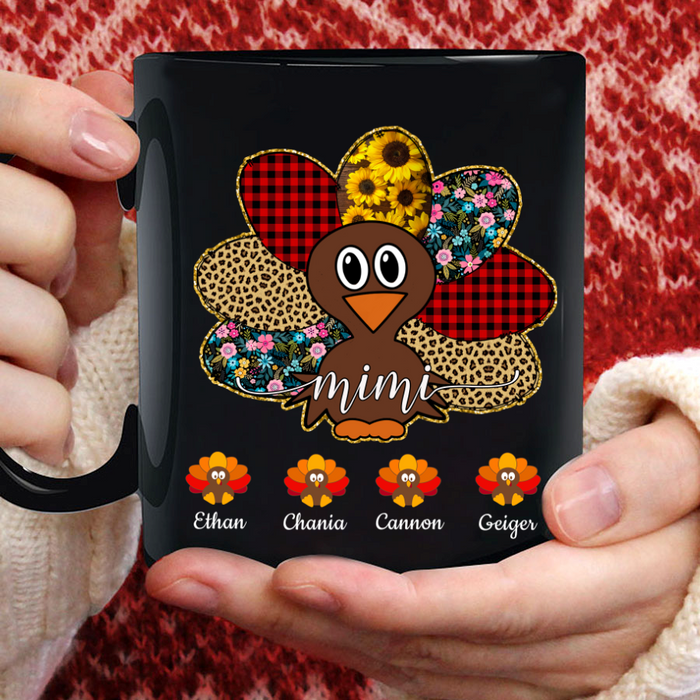 Personalized Coffee Mug Gifts For Grandma Red Plaid Leopard Turkey Autumn Custom Grandkids Name Thanksgiving Black Cup