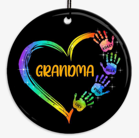 Personalized Ornament For Grandma From Grandchildren Colorful Handprints Heart Shaped Custom Name Gifts For Christmas