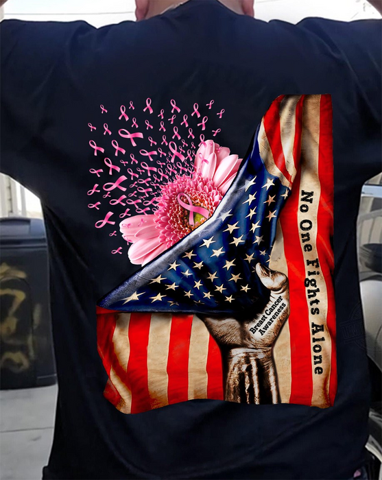 Classic T-Shirt Breast Cancer Awareness Daisy & Pink Ribbon Behind Fist Hand Pulling US Flag Printed