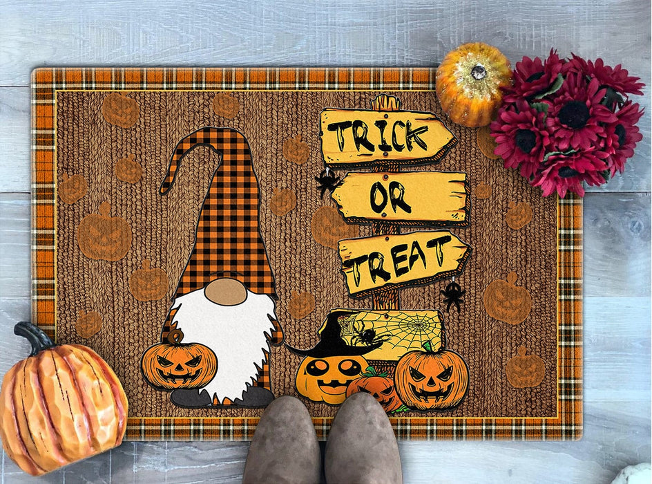 Welcome Doormat Trick Or Treat Cute Gnome With Pumpkin Lantern Printed Plaid Design Happy Halloween Doormat