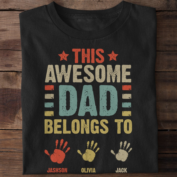 Personalized T-Shirt This Awesome Dad Colorful & Retro Style With Stars & Handprints Printed Custom Kids Name