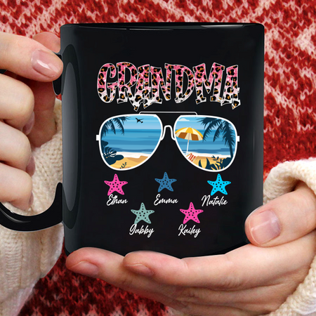 Personalized Black Mug For Grandma Sunglasses Print Leopard Design Custom Grandkids Name 11 15oz Summer Cup