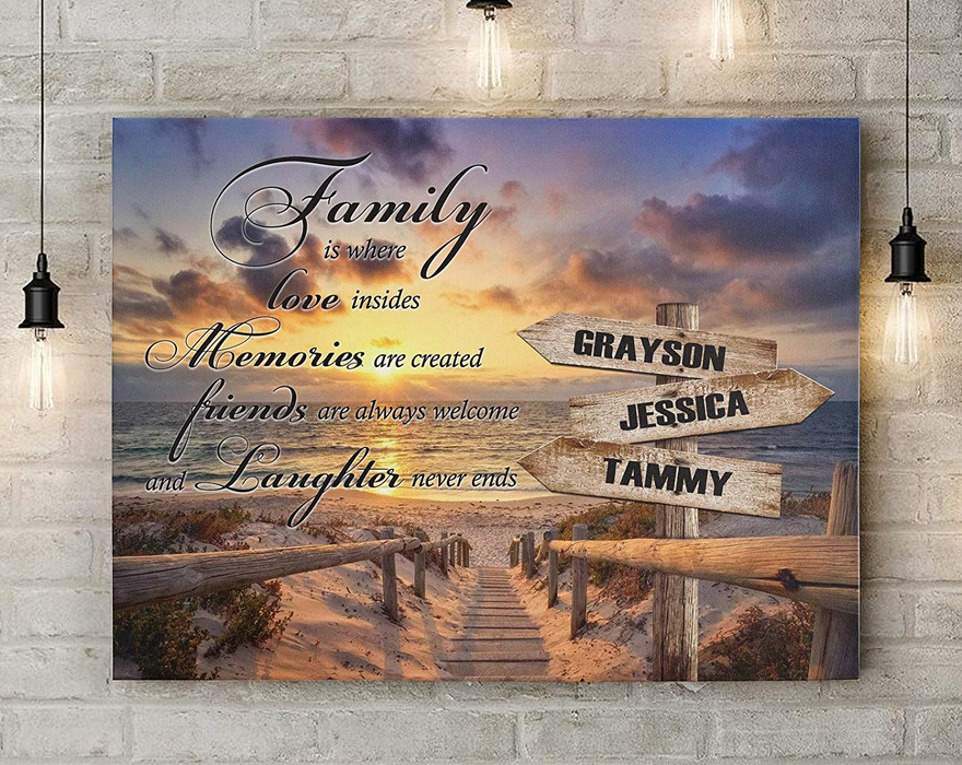 Personalized Multi Name Premium Canvas Poster Family Is Where Love Insides Memories Are Created Ocean Sunset Street Sign Family Name