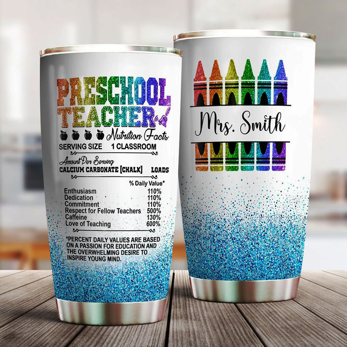 Personalized Travel Tumbler For Teacher 20oz Cup Custom Name Preschool Teacher Nutrition Facts Back To School Gifts