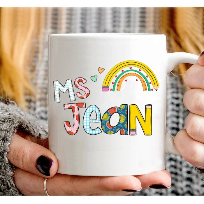 Personalized Coffee Mug For Teacher Cute Pencil Ruler Rainbow Custom Name Ceramic Cup Gifts For Back To School
