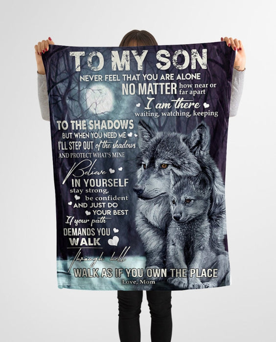 Personalized To My Son Blanket From Mom Never Feel That You Are Alone Old Wolf And Baby Wolf In Forest Printed