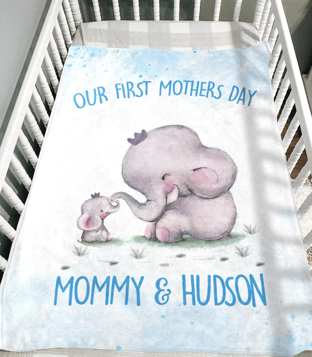 Personalized Premium Blanket For New Mom Our First Mother'S Day Mommy & Son Cute Elephant & Baby Printed Custom Name