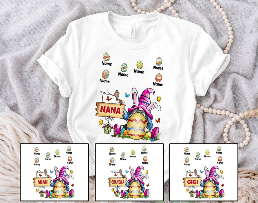 Personalized T-Shirt For Grandma Nana Bunny Gnome With Eggs Printed Custom Grandkids Name Happy Easter Day Shirt