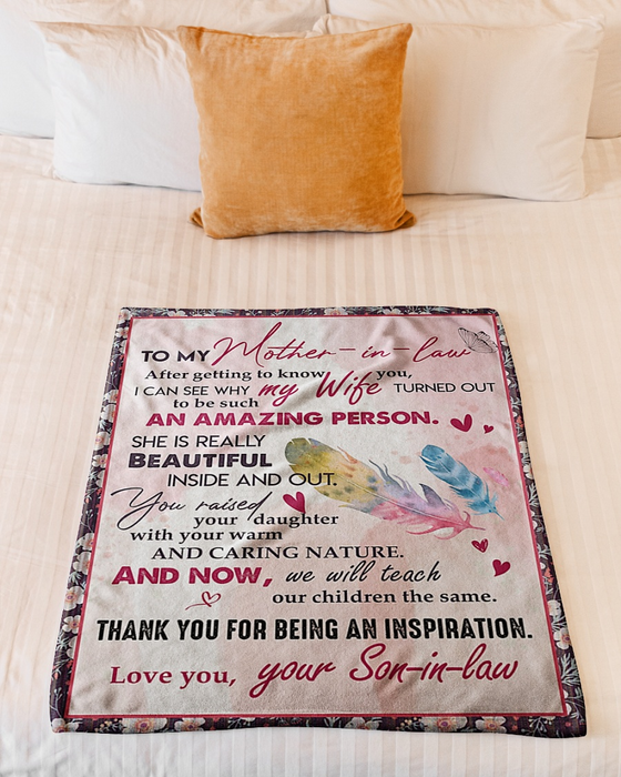Personalized To My Mother In Law  Feathers Pink Premium Blanket From Son In Law Thank You For Being An Inspiration