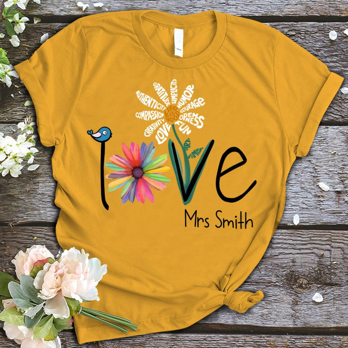 Personalized T-Shirt For Teacher Appreciation Love Daisy Flower Cute Bird Custom Name Shirt Gifts For Back To School