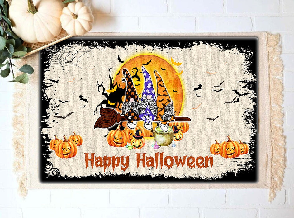 Welcome Doormat Happy Halloween Cute Gnomes Flying On Broom With Funny Pumpkin And Bat Printed Witch Gnome Doormat