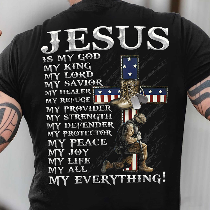 Classic T-Shirt For Men Jesus Is My God My King My Lord American Soldier & Christ Cross US Flag Printed