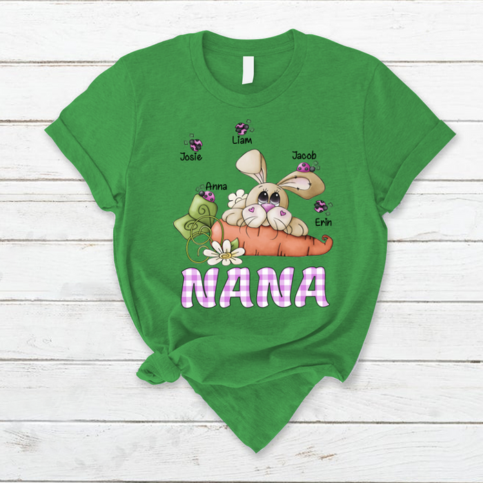 Personalized T-Shirt For Grandma Nana Bunny With Carrot & Bugs Printed Custom Grandkids Name Happy Easter Day Shirt