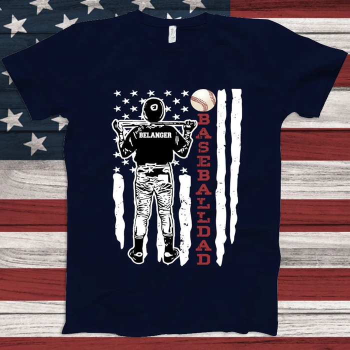Personalized T-Shirt For Baseball Lovers USA Flag And Baseball Player Design Custom Name Father's Day Shirt