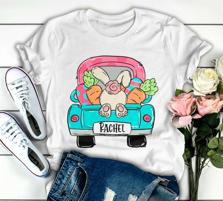 Personalized Unisex T-Shirt For Men Women Happy Easter Day Cute Bunny Truck With Eggs & Carrot Printed Custom Name