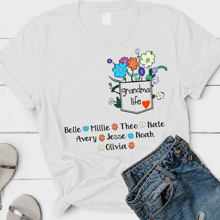 Personalized T-Shirt Grandma Life Colorful Flower Pocket Printed Custom Grandkids Name Mother'S Day Shirt