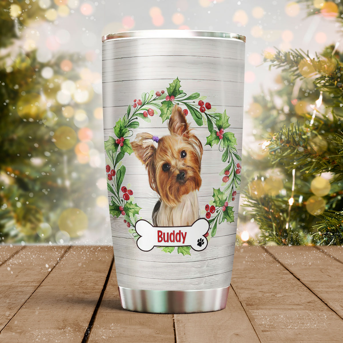 Personalized Tumbler For Pet Lover Wreath First Christmas Bone Prints Custom Name & Photo Travel Cup Gifts For Christmas