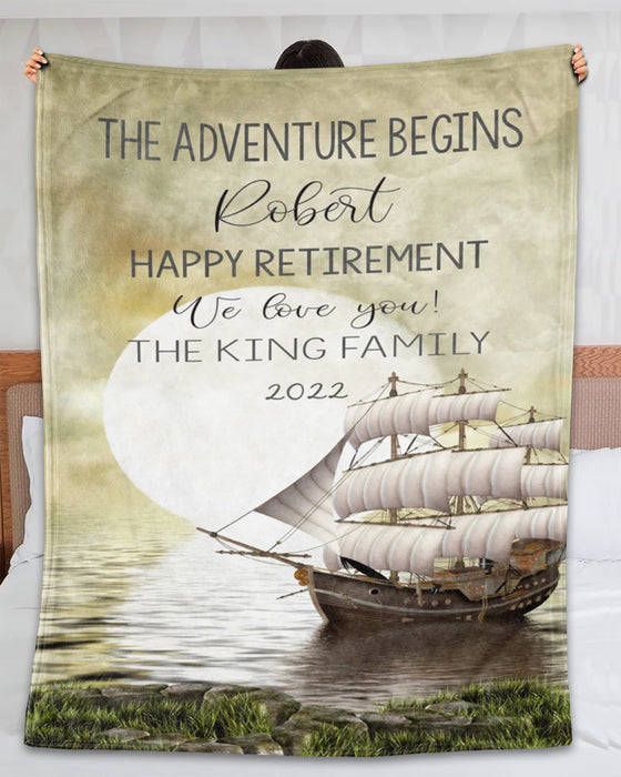 Personalized Retirement Blanket The Adventure Begins Beautiful Ship Under Sunset Vintage Design Custom Name & Year