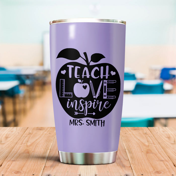 Personalized Tumbler For Teacher Teach Love Inspire Apple Purple Theme 20oz Travel Cup Custom Name Back To School Gifts