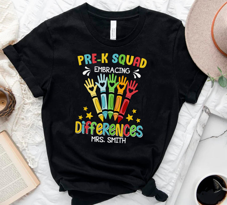 Personalized T-Shirt For Teachers Embracing Differences Colorful Handprint Crayon Custom Name Back To School Outfit