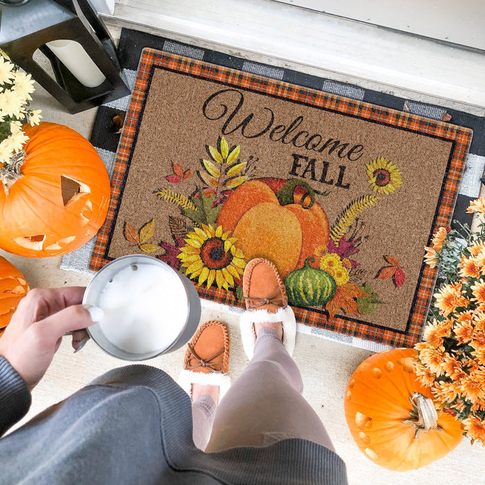 Welcome Doormat For Fall Lovers Cute Pumpkin With Fruit Sunflower And Maple Leaves Printed Plaid Design Fall Doormat