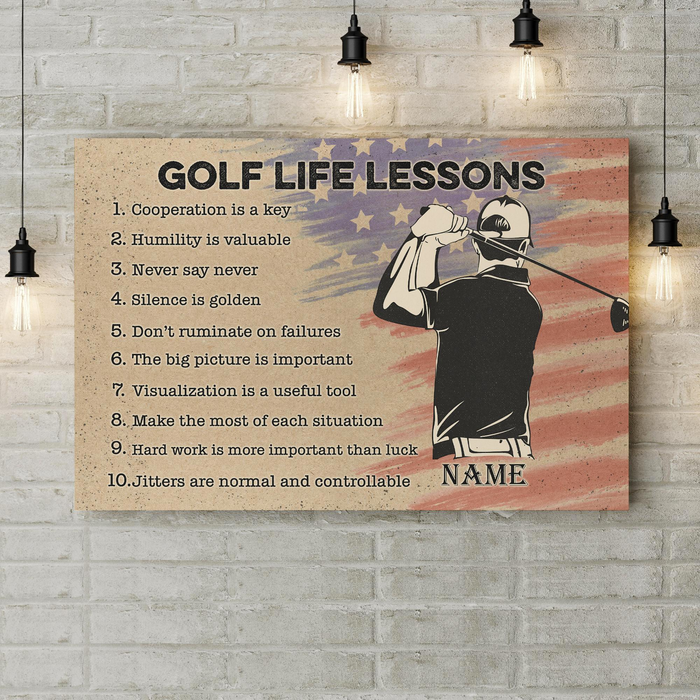 Personalized Golf Life Lessons Canvas Poster For Golf Lovers American Flag & Player Printed Custom Name Rustic Design