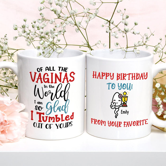 Personalized Ceramic Coffee Mug Happy Birthday For Mom So Glad I Tumbled Funny Sperm Custom Name 11 15oz Cup