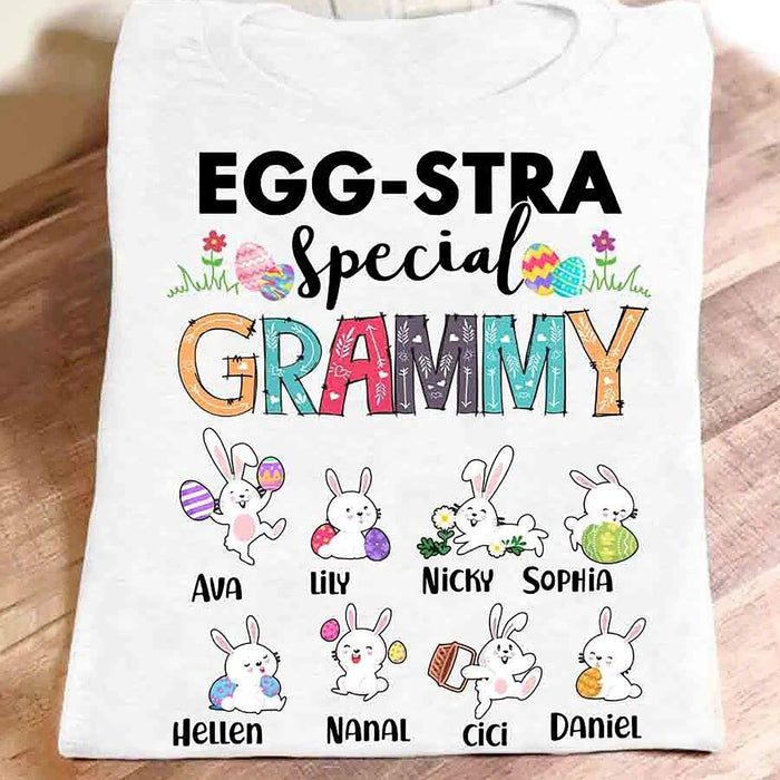 Personalized T-Shirt For Grandma Egg-Stra Special Grammy Cute Bunny & Easter Egg Printed Custom Grandkids Name